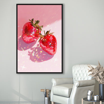 Pink Disco Strawberries Glam Disco Ball Red Strawberries,Kitchen Decor V2, Framed Canvas Print Wall Art, Floating Frame