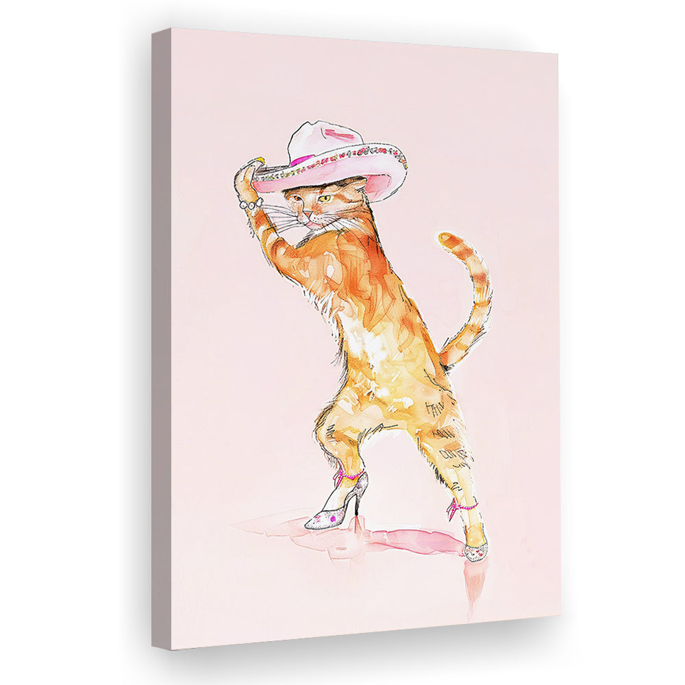 Pink Fashion Cat Print Orange Cat Wearing Heels & Cowgirl Hat Cute Cat Girly, Canvas Print Wall Art, Wall Decor, Painting Canvas