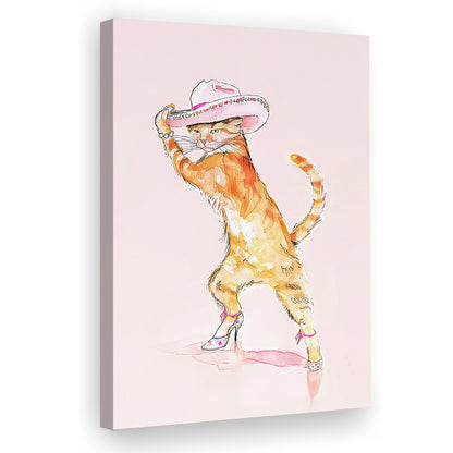 Pink Fashion Cat Print Orange Cat Wearing Heels & Cowgirl Hat Cute Cat Girly, Canvas Print Wall Art, Wall Decor, Painting Canvas