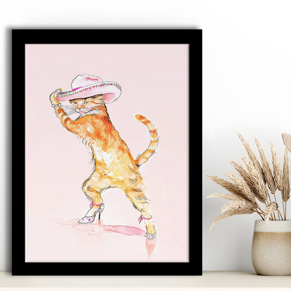 Pink Fashion Cat Print Orange Cat Wearing Heels & Cowgirl Hat Cute Cat Girly, Framed Art Print Wall Decor, Picture Framed