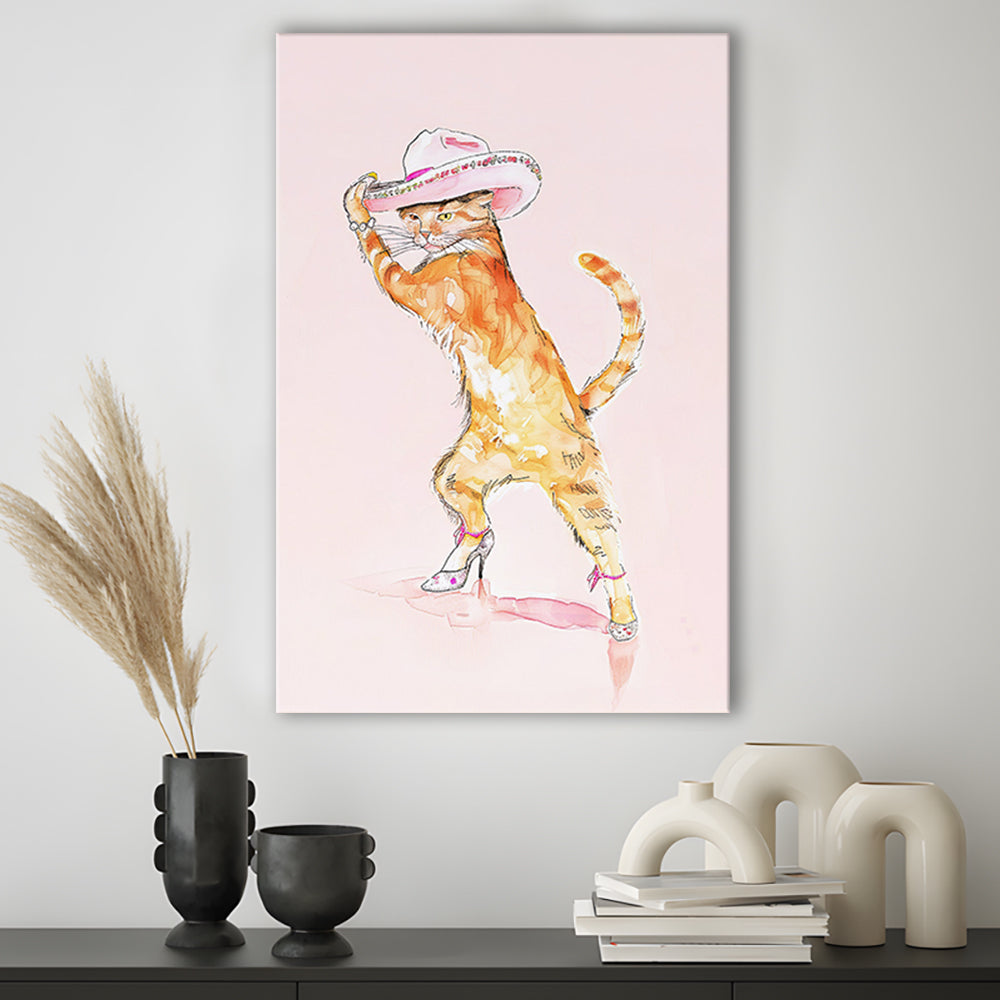 Pink Fashion Cat Print Orange Cat Wearing Heels & Cowgirl Hat Cute Cat Girly, Canvas Print Wall Art, Wall Decor, Painting Canvas