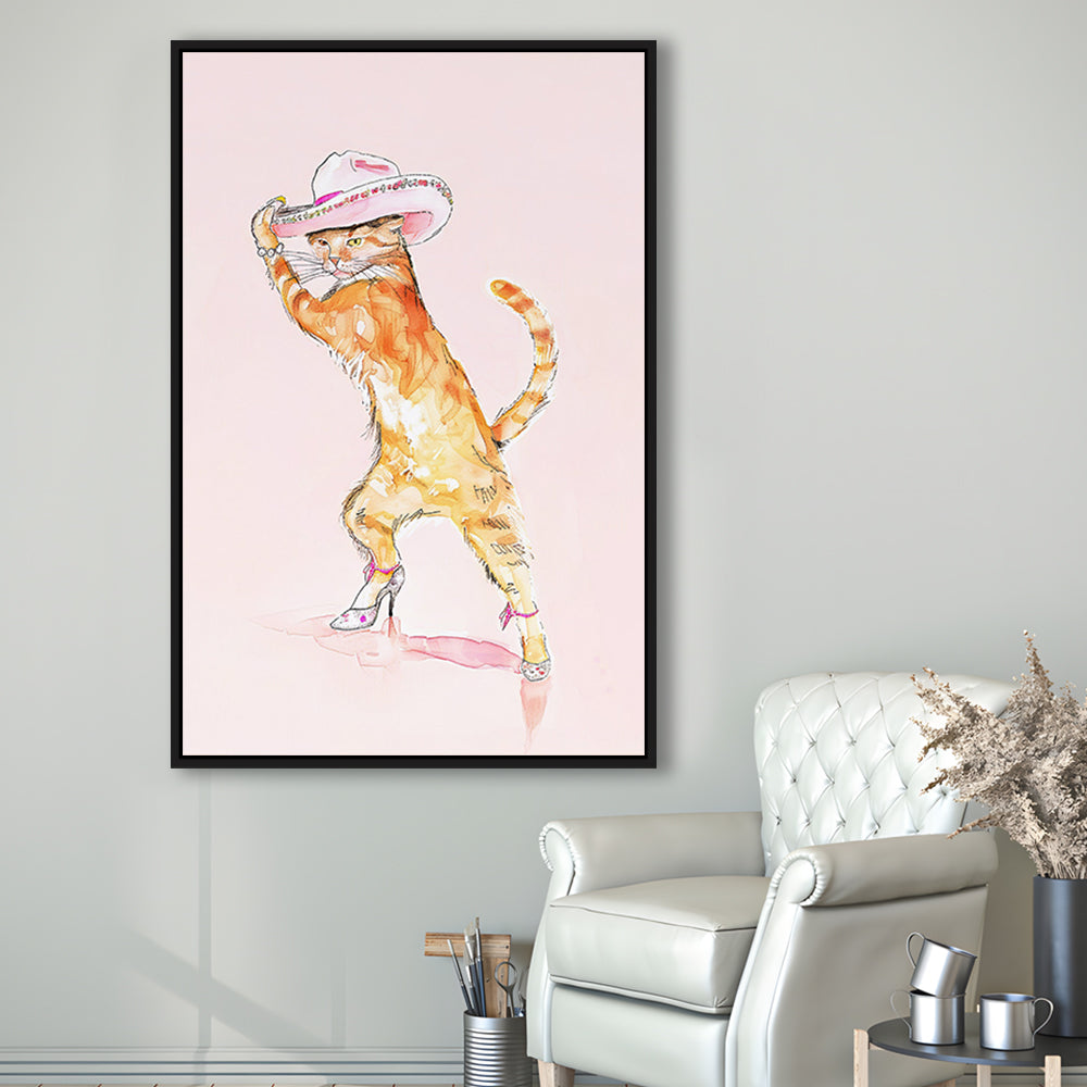 Pink Fashion Cat Print Orange Cat Wearing Heels & Cowgirl Hat Cute Cat Girly, Framed Canvas Print Wall Art, Floating Frame