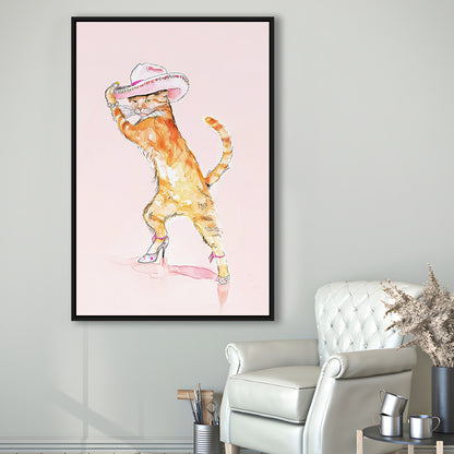 Pink Fashion Cat Print Orange Cat Wearing Heels & Cowgirl Hat Cute Cat Girly, Framed Canvas Print Wall Art, Floating Frame