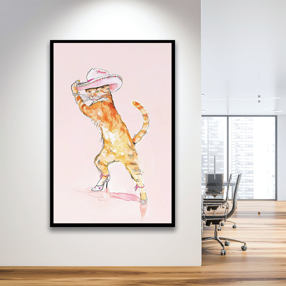 Pink Fashion Cat Print Orange Cat Wearing Heels & Cowgirl Hat Cute Cat Girly, Framed Art Print Wall Decor, Picture Framed