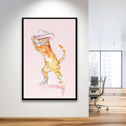 Pink Fashion Cat Print Orange Cat Wearing Heels & Cowgirl Hat Cute Cat Girly, Framed Art Print Wall Decor, Picture Framed