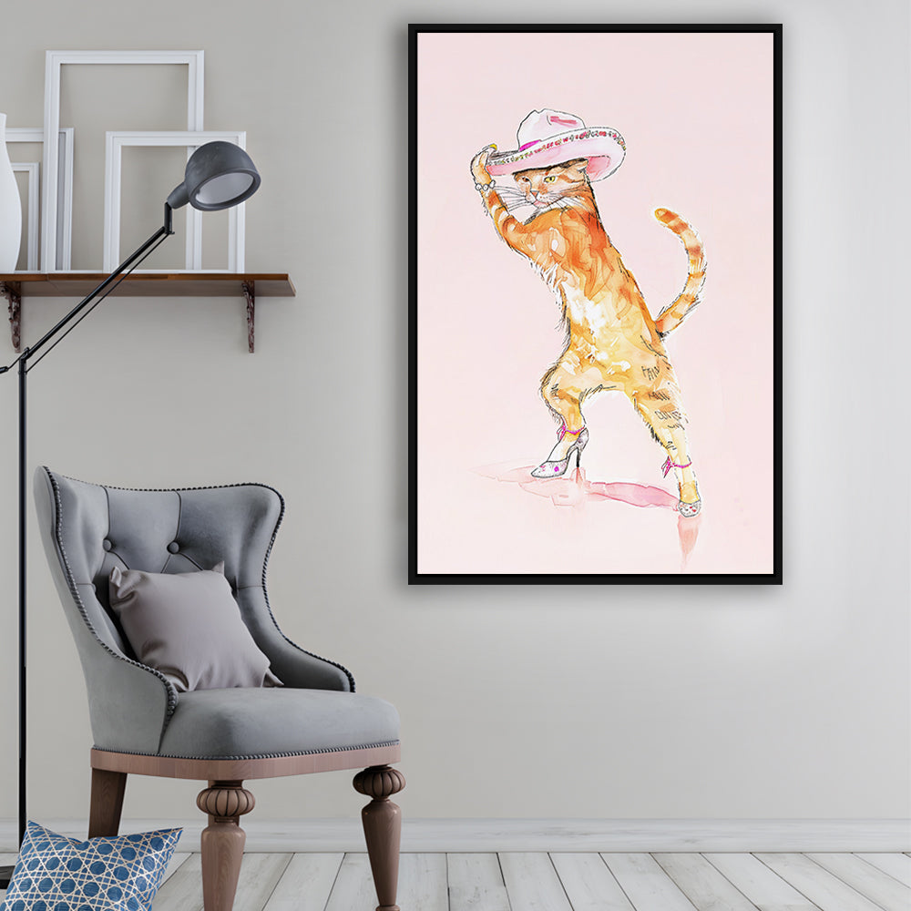 Pink Fashion Cat Print Orange Cat Wearing Heels & Cowgirl Hat Cute Cat Girly, Framed Canvas Print Wall Art, Floating Frame