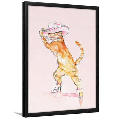 Pink Fashion Cat Print Orange Cat Wearing Heels & Cowgirl Hat Cute Cat Girly, Framed Art Print Wall Decor, Picture Framed