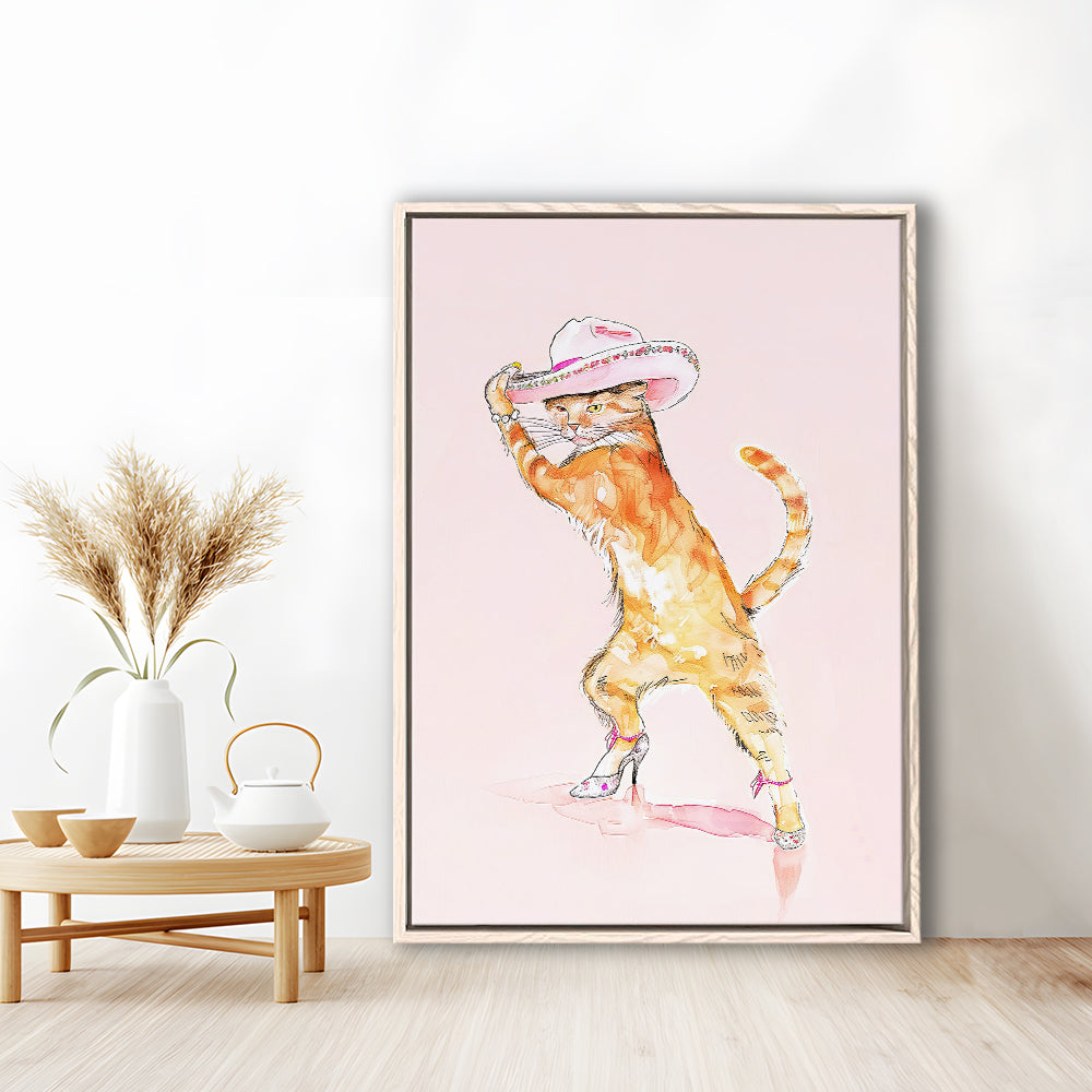 Pink Fashion Cat Print Orange Cat Wearing Heels & Cowgirl Hat Cute Cat Girly, Framed Canvas Print Wall Art, Floating Frame