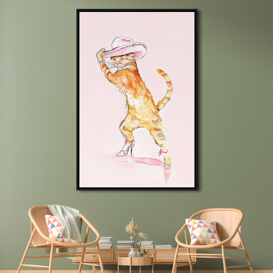 Pink Fashion Cat Print Orange Cat Wearing Heels & Cowgirl Hat Cute Cat Girly, Framed Canvas Print Wall Art, Floating Frame