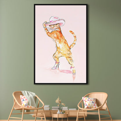 Pink Fashion Cat Print Orange Cat Wearing Heels & Cowgirl Hat Cute Cat Girly, Framed Canvas Print Wall Art, Floating Frame