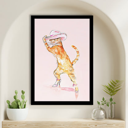 Pink Fashion Cat Print Orange Cat Wearing Heels & Cowgirl Hat Cute Cat Girly, Framed Art Print Wall Decor, Picture Framed