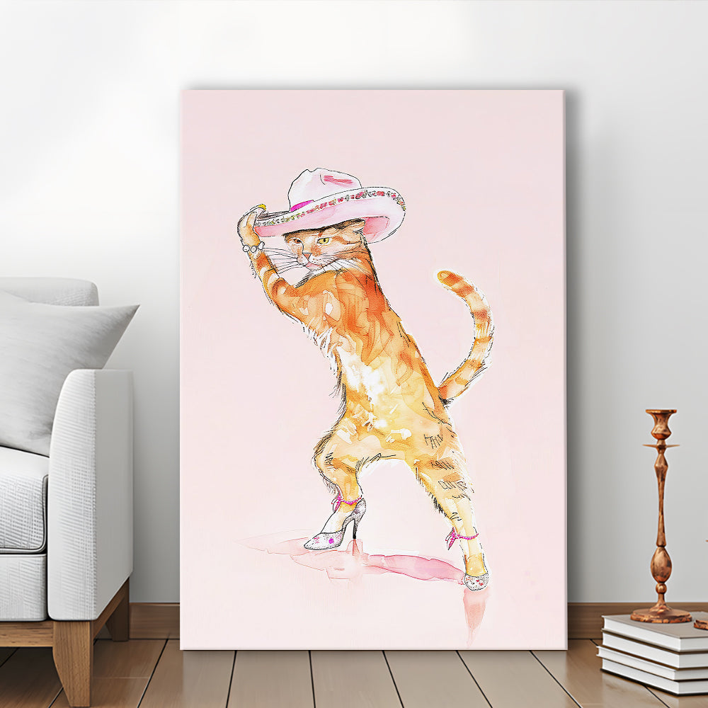 Pink Fashion Cat Print Orange Cat Wearing Heels & Cowgirl Hat Cute Cat Girly, Canvas Print Wall Art, Wall Decor, Painting Canvas