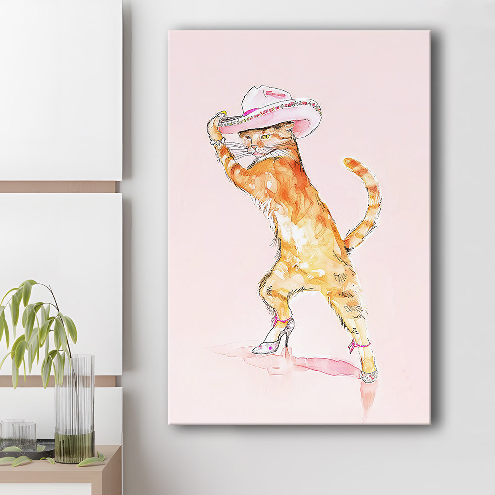 Pink Fashion Cat Print Orange Cat Wearing Heels & Cowgirl Hat Cute Cat Girly, Canvas Print Wall Art, Wall Decor, Painting Canvas