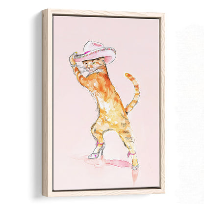 Pink Fashion Cat Print Orange Cat Wearing Heels & Cowgirl Hat Cute Cat Girly, Framed Canvas Print Wall Art, Floating Frame
