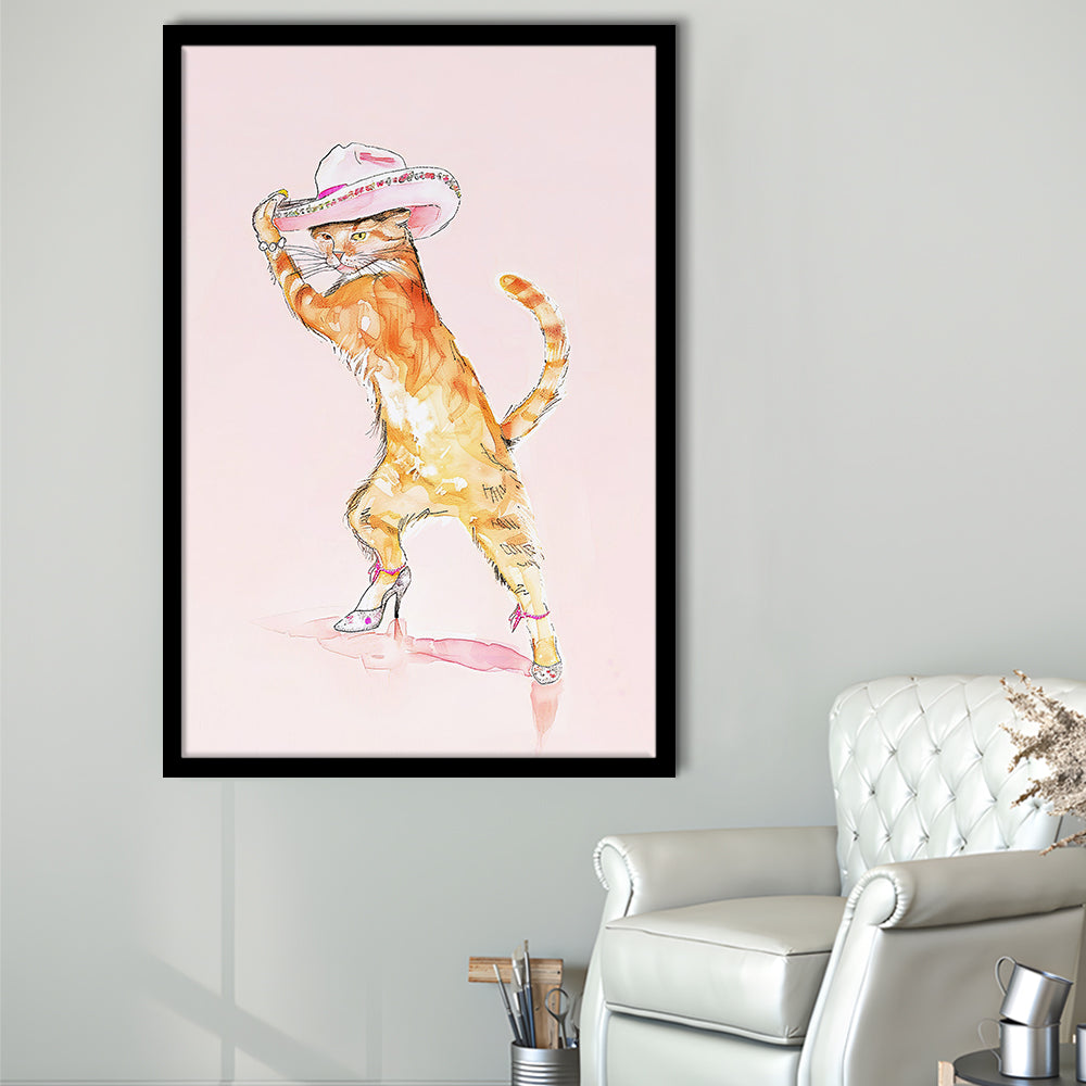 Pink Fashion Cat Print Orange Cat Wearing Heels & Cowgirl Hat Cute Cat Girly, Framed Art Print Wall Decor, Picture Framed
