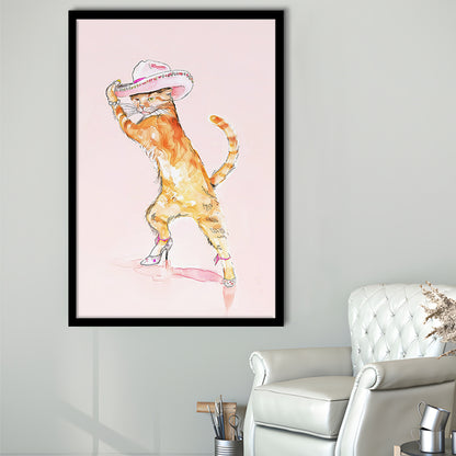 Pink Fashion Cat Print Orange Cat Wearing Heels & Cowgirl Hat Cute Cat Girly, Framed Art Print Wall Decor, Picture Framed