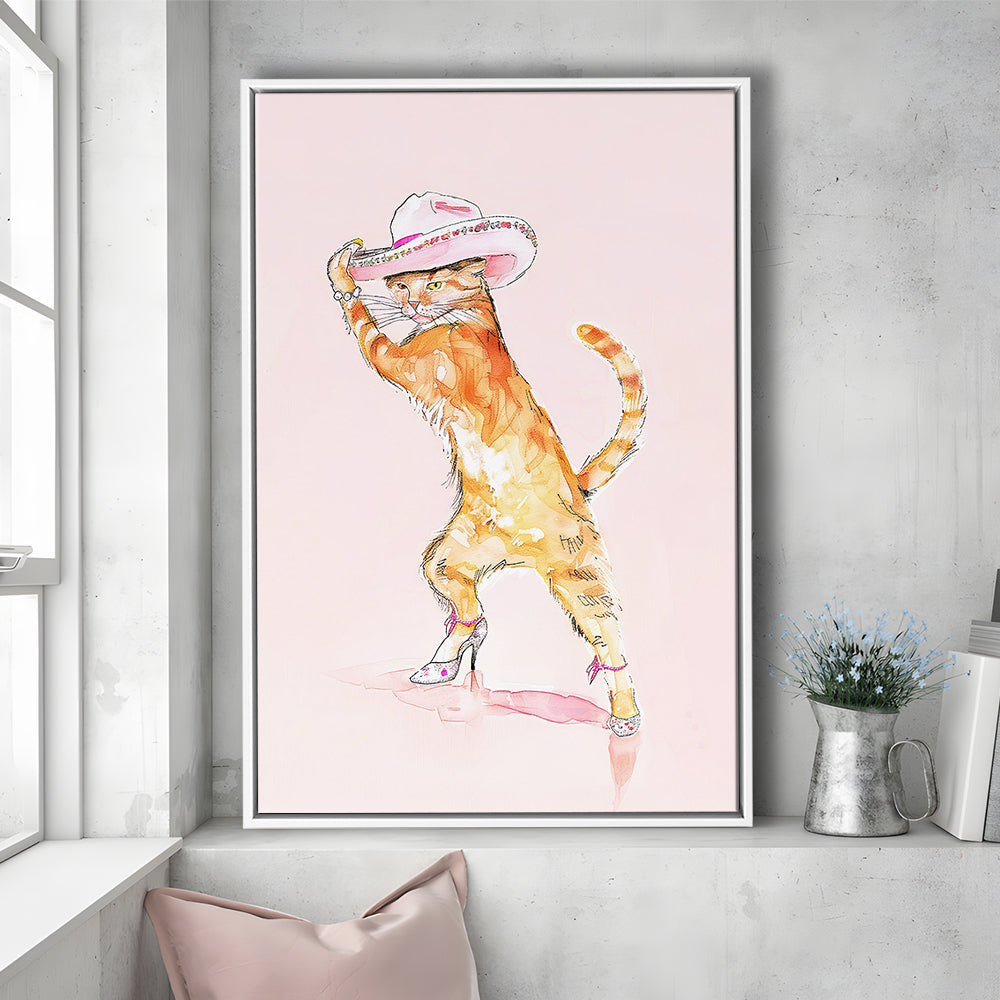 Pink Fashion Cat Print Orange Cat Wearing Heels & Cowgirl Hat Cute Cat Girly, Framed Canvas Print Wall Art, Floating Frame