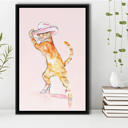 Pink Fashion Cat Print Orange Cat Wearing Heels & Cowgirl Hat Cute Cat Girly, Framed Canvas Print Wall Art, Floating Frame