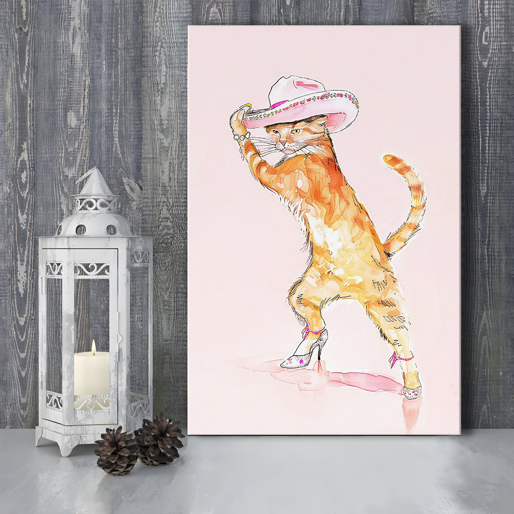 Pink Fashion Cat Print Orange Cat Wearing Heels & Cowgirl Hat Cute Cat Girly, Canvas Print Wall Art, Wall Decor, Painting Canvas