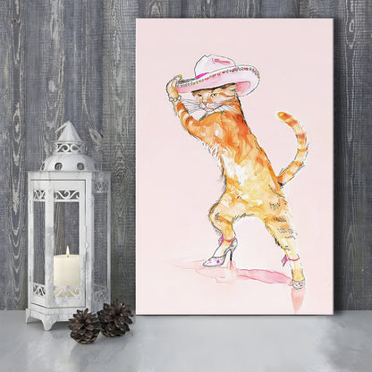 Pink Fashion Cat Print Orange Cat Wearing Heels & Cowgirl Hat Cute Cat Girly, Canvas Print Wall Art, Wall Decor, Painting Canvas