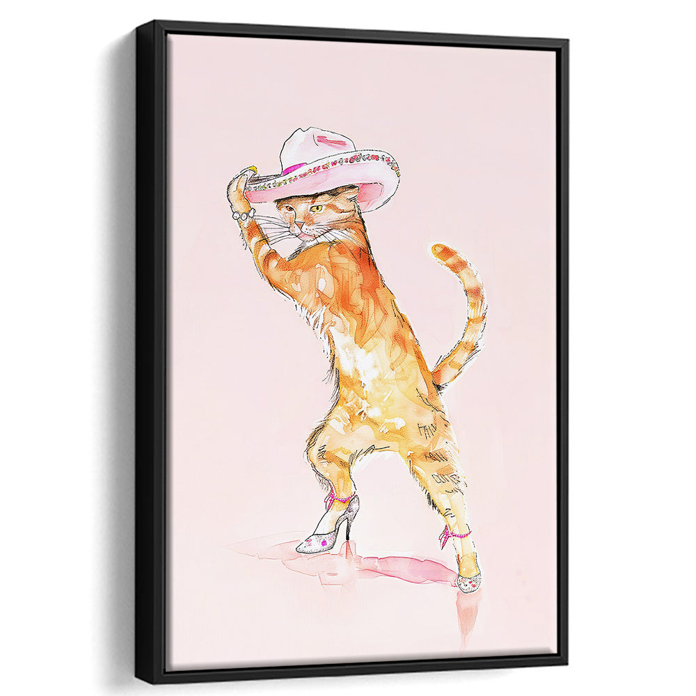 Pink Fashion Cat Print Orange Cat Wearing Heels & Cowgirl Hat Cute Cat Girly, Framed Canvas Print Wall Art, Floating Frame