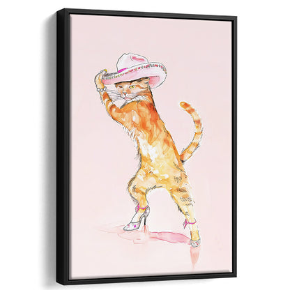 Pink Fashion Cat Print Orange Cat Wearing Heels & Cowgirl Hat Cute Cat Girly, Framed Canvas Print Wall Art, Floating Frame