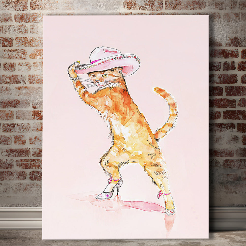 Pink Fashion Cat Print Orange Cat Wearing Heels & Cowgirl Hat Cute Cat Girly, Canvas Print Wall Art, Wall Decor, Painting Canvas
