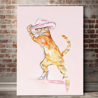 Pink Fashion Cat Print Orange Cat Wearing Heels & Cowgirl Hat Cute Cat Girly, Canvas Print Wall Art, Wall Decor, Painting Canvas