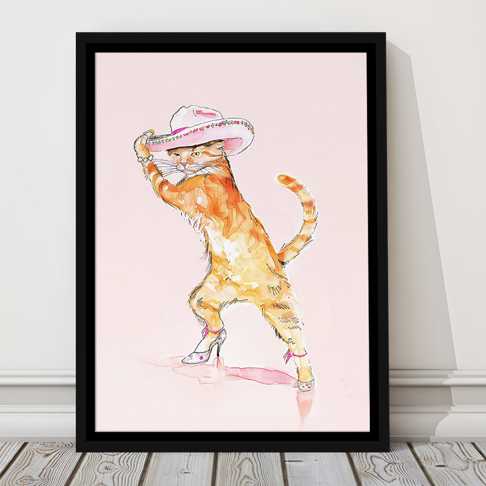 Pink Fashion Cat Print Orange Cat Wearing Heels & Cowgirl Hat Cute Cat Girly, Framed Canvas Print Wall Art, Floating Frame