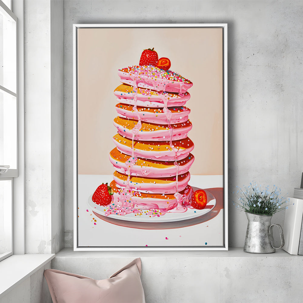 Pink Pancakes Art Print Vintage Retro Food Kitchen Art Strawberries Sprinkles , Framed Canvas Print Wall Art, Floating Frame