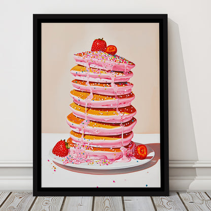 Pink Pancakes Art Print Vintage Retro Food Kitchen Art Strawberries Sprinkles , Framed Canvas Print Wall Art, Floating Frame