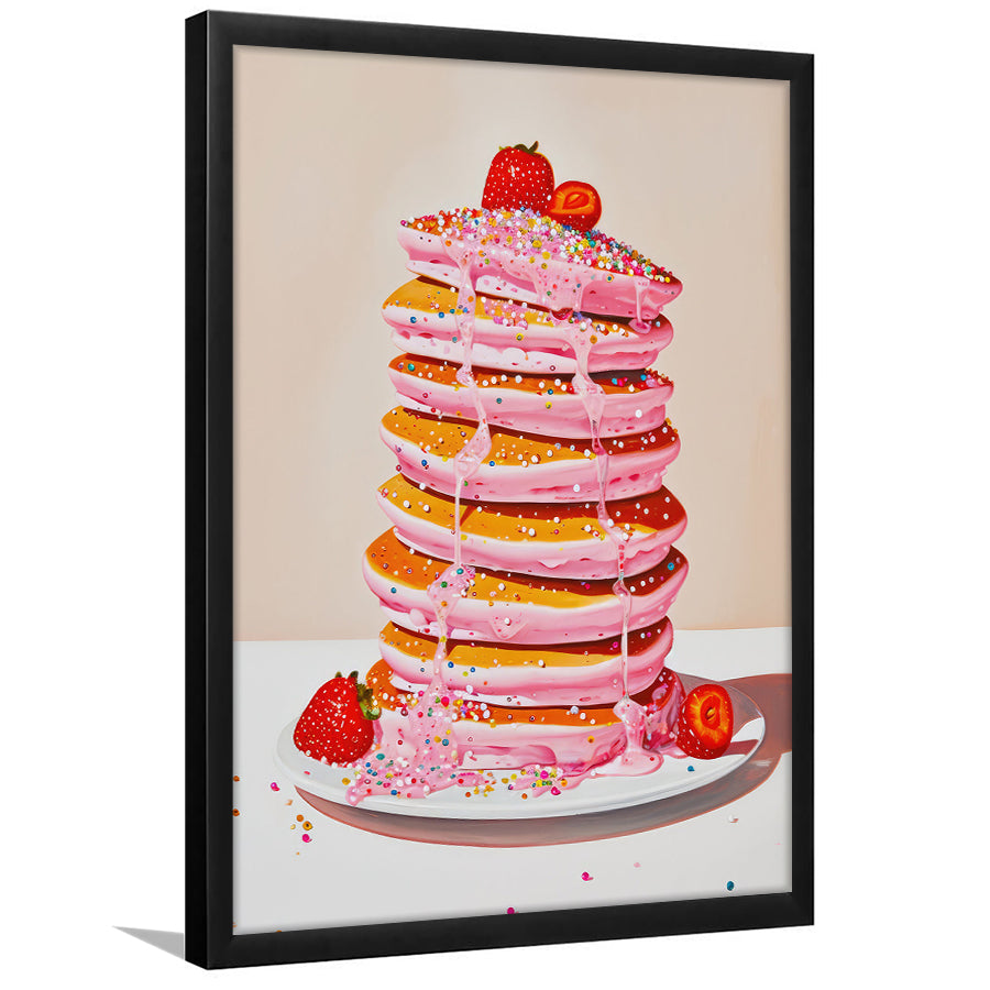 Pink Pancakes Art Print Vintage Retro Food Art Kitchen Art Strawberries Sprinkles , Framed Art Print Wall Decor, Picture Framed