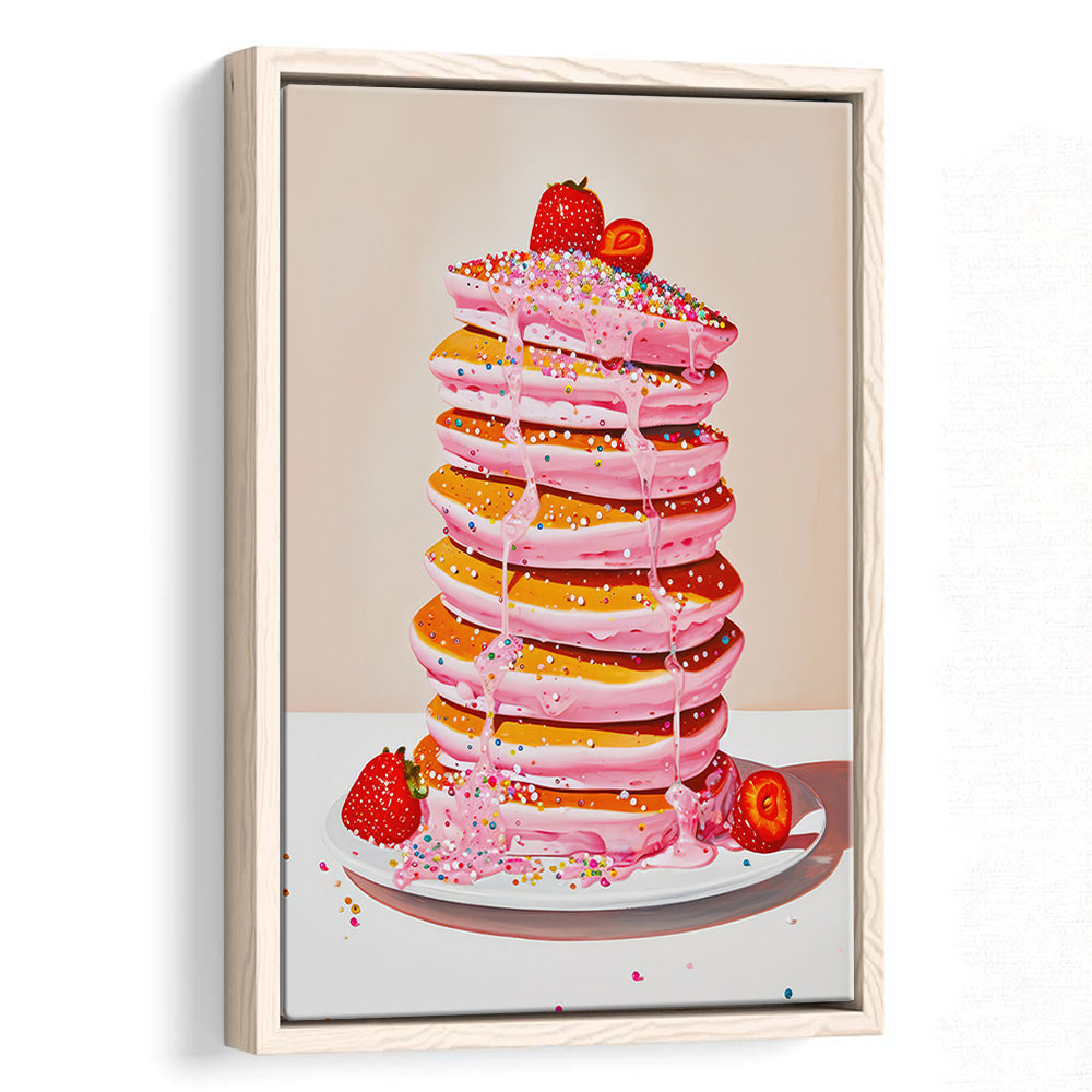 Pink Pancakes Art Print Vintage Retro Food Kitchen Art Strawberries Sprinkles , Framed Canvas Print Wall Art, Floating Frame