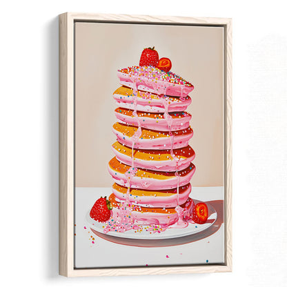 Pink Pancakes Art Print Vintage Retro Food Kitchen Art Strawberries Sprinkles , Framed Canvas Print Wall Art, Floating Frame