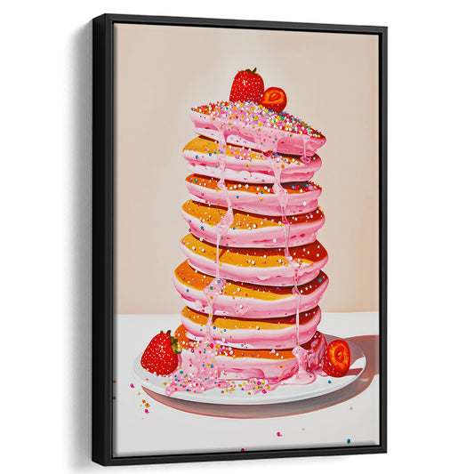 Pink Pancakes Art Print Vintage Retro Food Kitchen Art Strawberries Sprinkles , Framed Canvas Print Wall Art, Floating Frame