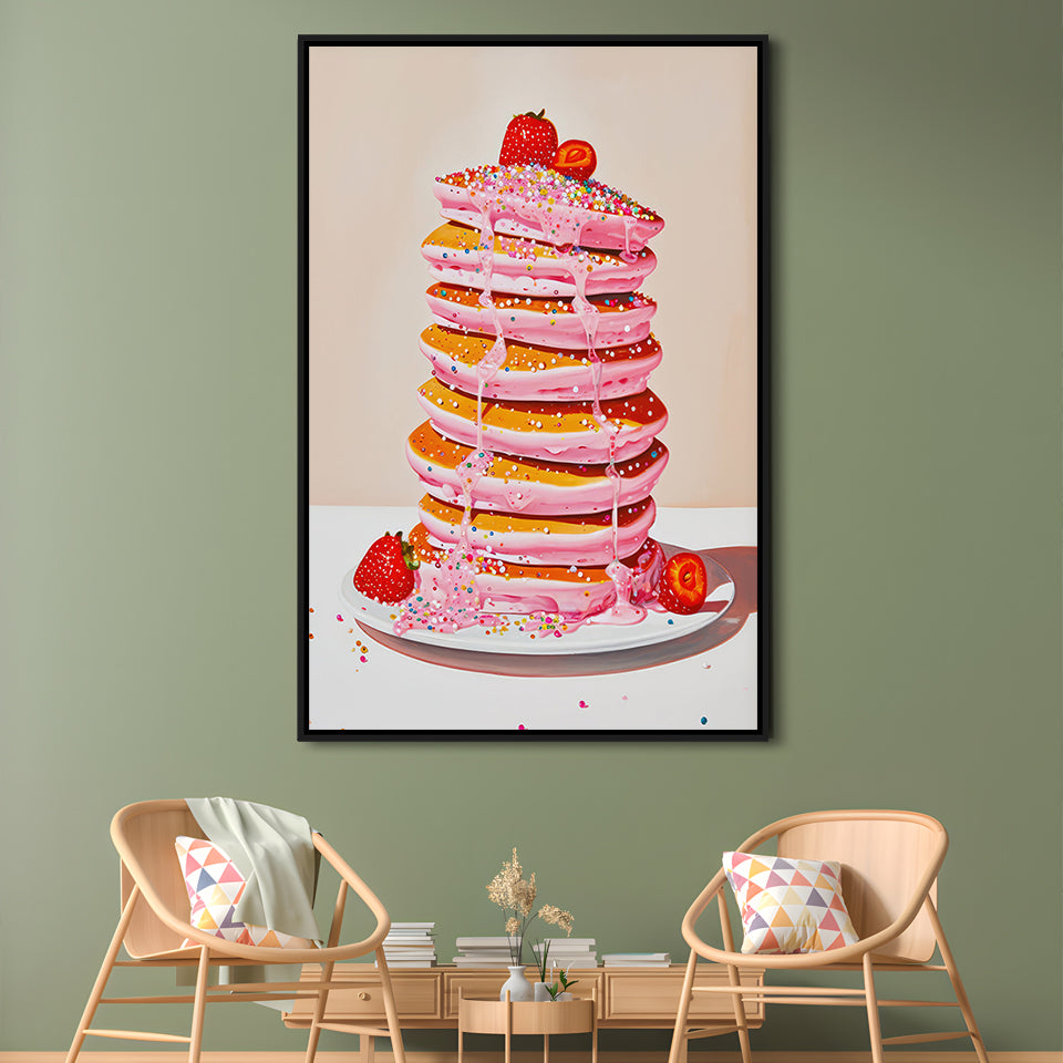 Pink Pancakes Art Print Vintage Retro Food Kitchen Art Strawberries Sprinkles , Framed Canvas Print Wall Art, Floating Frame