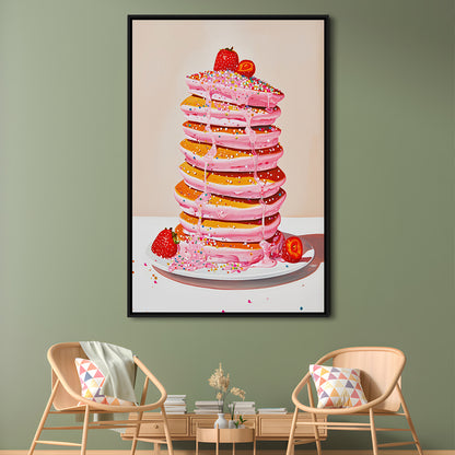 Pink Pancakes Art Print Vintage Retro Food Kitchen Art Strawberries Sprinkles , Framed Canvas Print Wall Art, Floating Frame