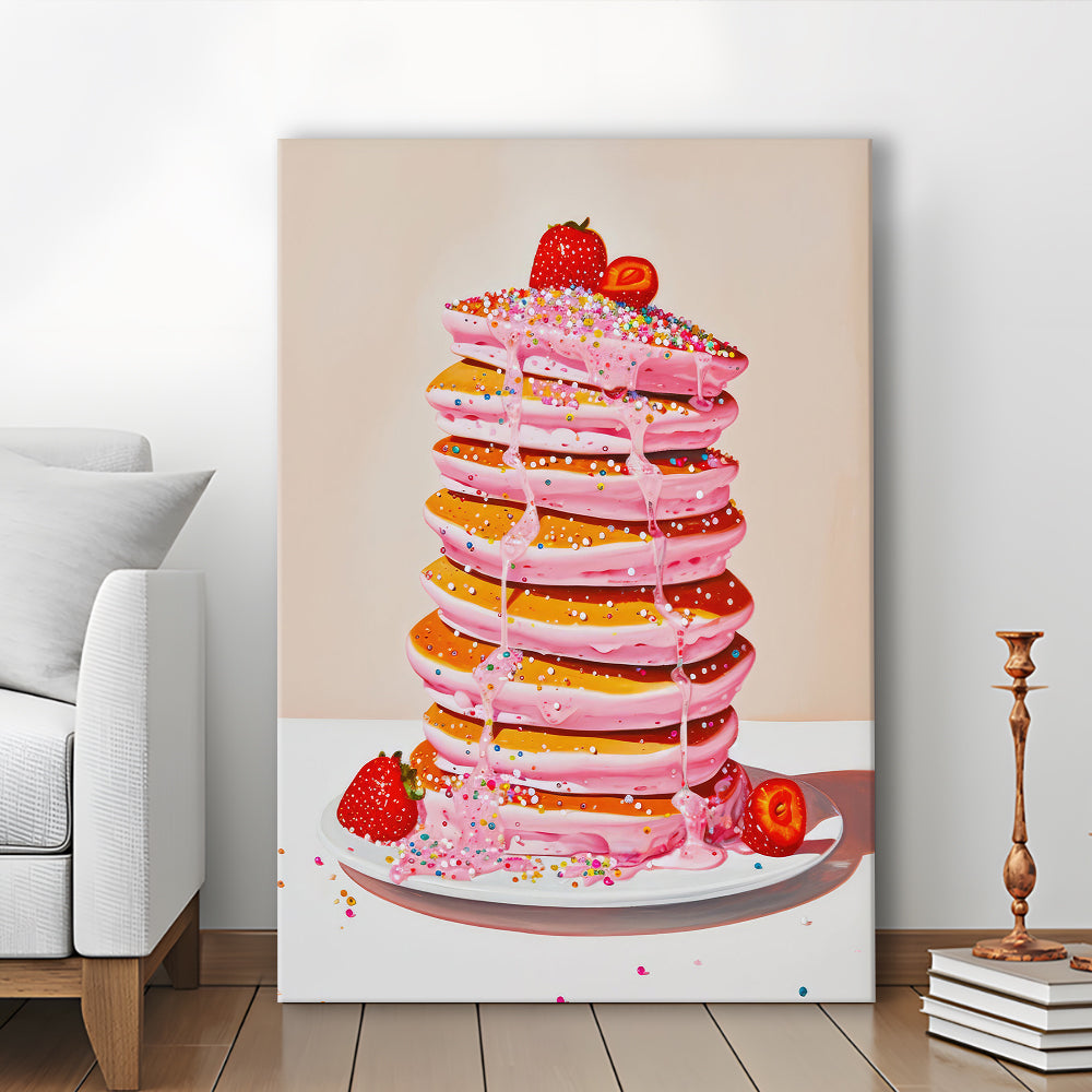 Pink Pancakes Art Print Vintage Retro Food Art Kitchen Art Strawberries Sprinkles , Canvas Print Wall Art, Wall Decor