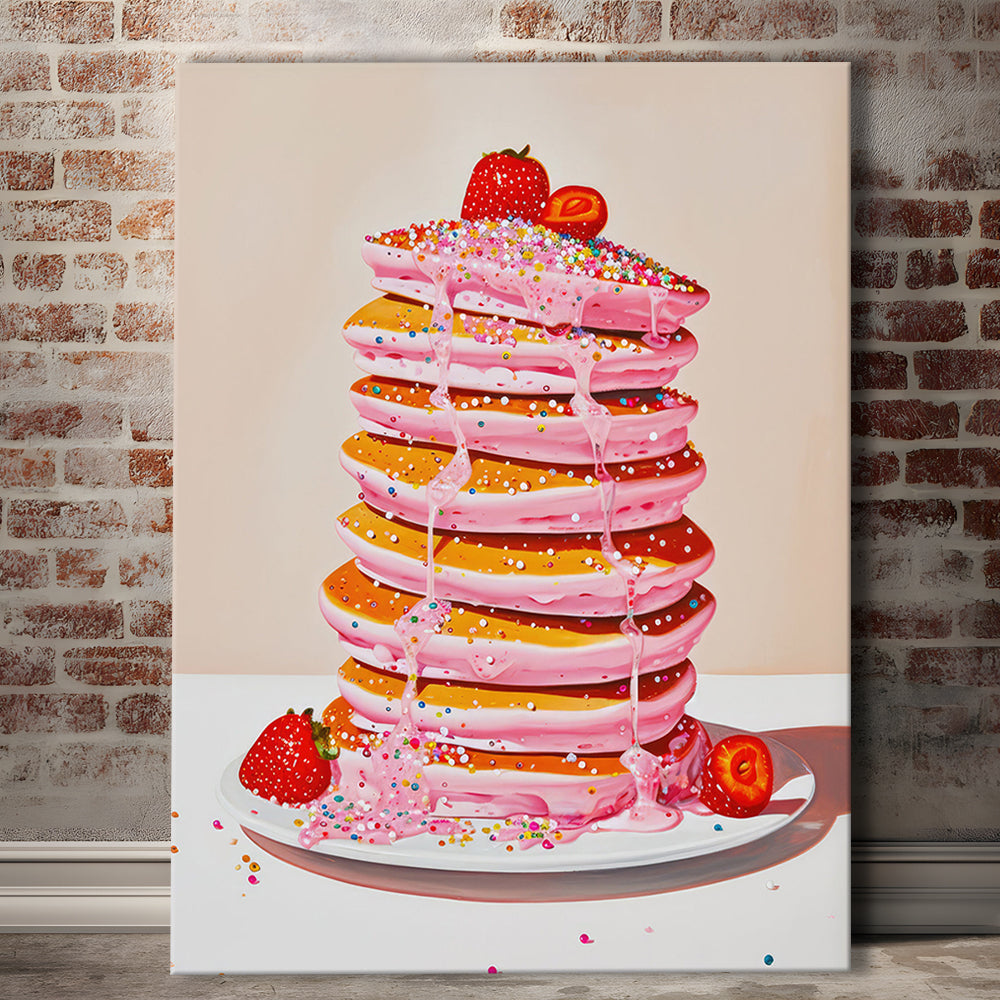 Pink Pancakes Art Print Vintage Retro Food Art Kitchen Art Strawberries Sprinkles , Canvas Print Wall Art, Wall Decor