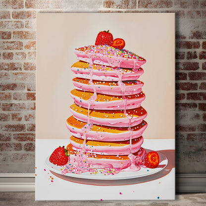 Pink Pancakes Art Print Vintage Retro Food Art Kitchen Art Strawberries Sprinkles , Canvas Print Wall Art, Wall Decor