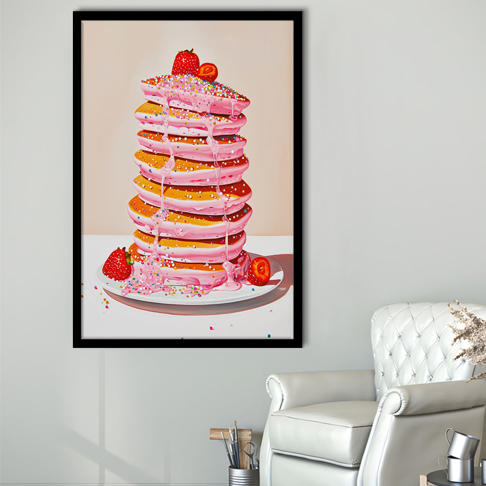 Pink Pancakes Art Print Vintage Retro Food Art Kitchen Art Strawberries Sprinkles , Framed Art Print Wall Decor, Picture Framed