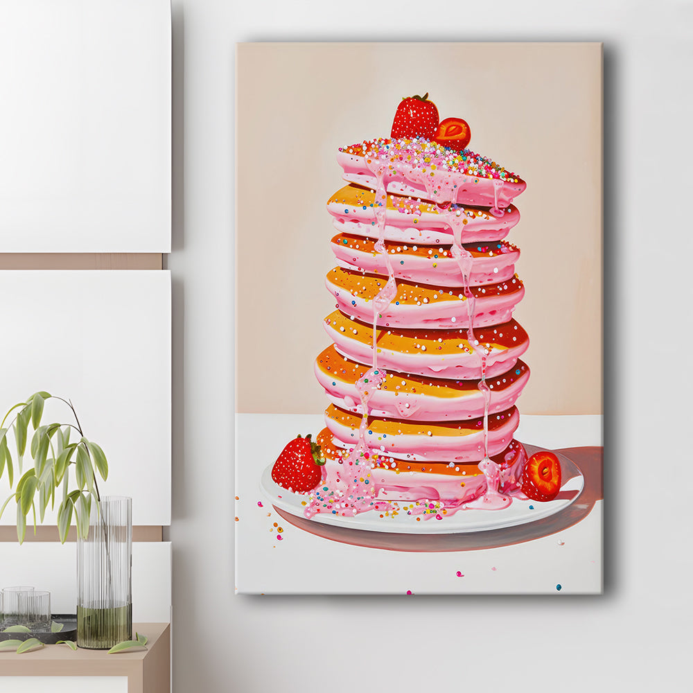 Pink Pancakes Art Print Vintage Retro Food Art Kitchen Art Strawberries Sprinkles , Canvas Print Wall Art, Wall Decor
