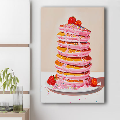 Pink Pancakes Art Print Vintage Retro Food Art Kitchen Art Strawberries Sprinkles , Canvas Print Wall Art, Wall Decor