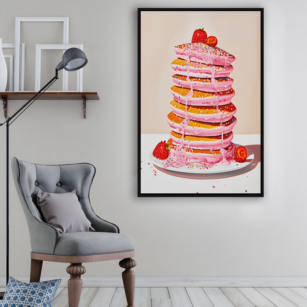 Pink Pancakes Art Print Vintage Retro Food Kitchen Art Strawberries Sprinkles , Framed Canvas Print Wall Art, Floating Frame