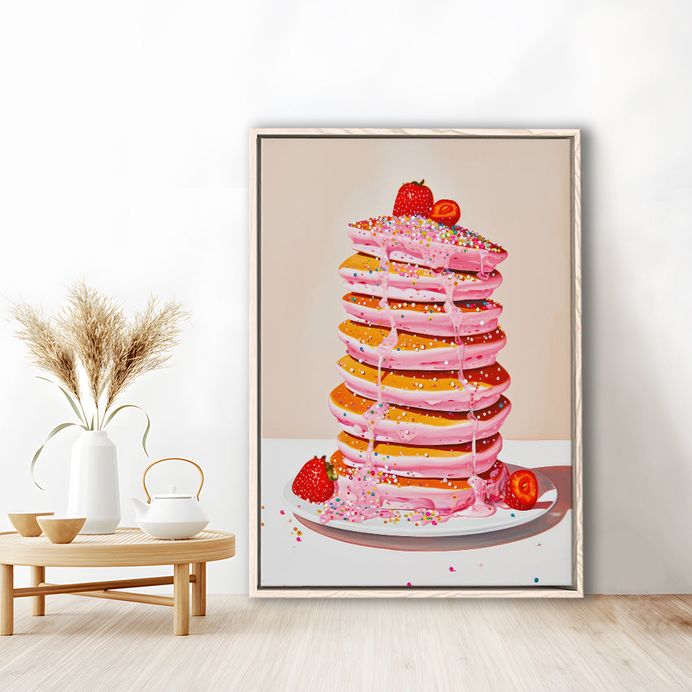 Pink Pancakes Art Print Vintage Retro Food Kitchen Art Strawberries Sprinkles , Framed Canvas Print Wall Art, Floating Frame