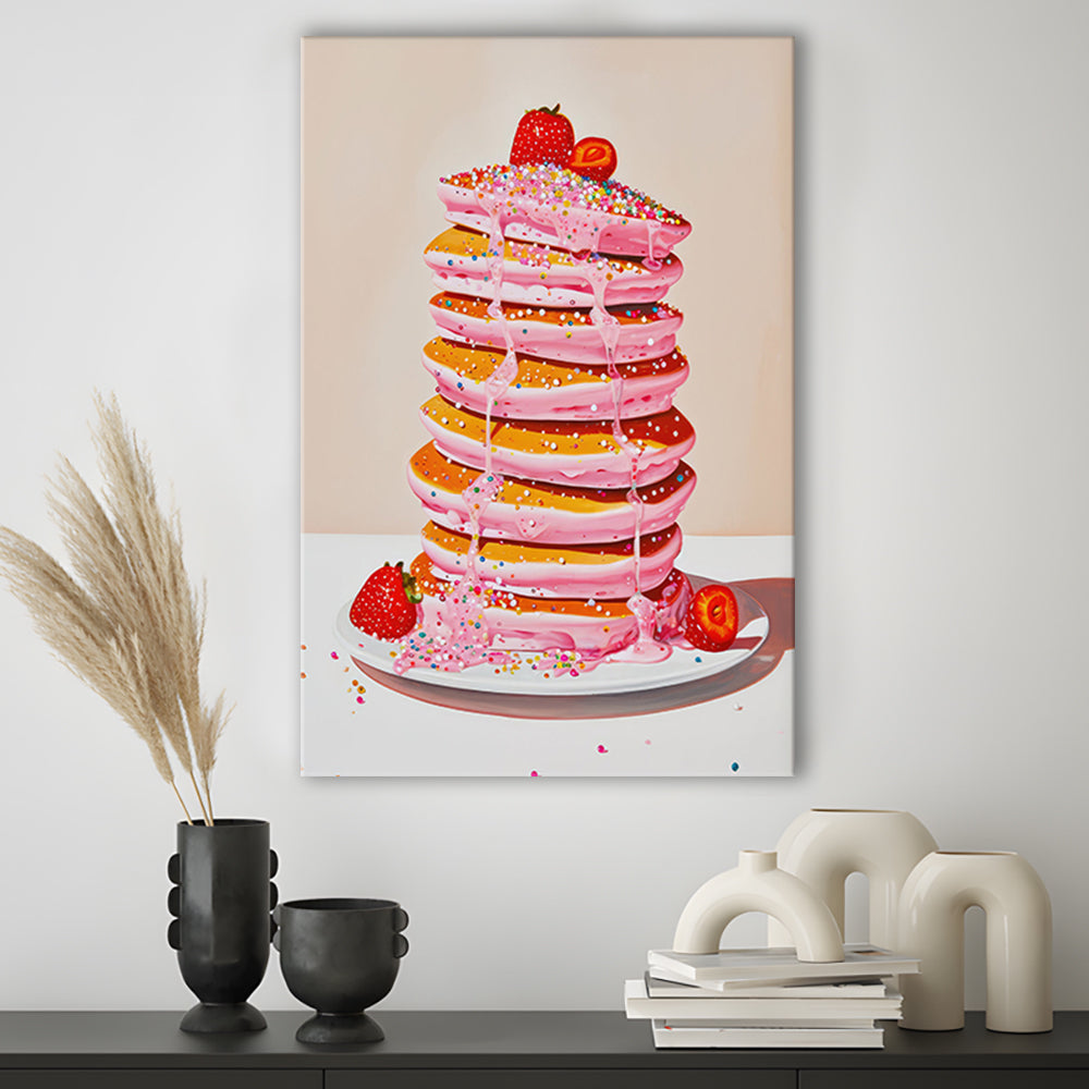 Pink Pancakes Art Print Vintage Retro Food Art Kitchen Art Strawberries Sprinkles , Canvas Print Wall Art, Wall Decor