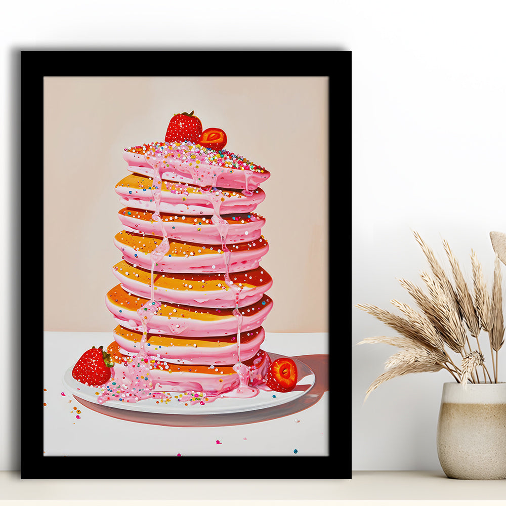 Pink Pancakes Art Print Vintage Retro Food Art Kitchen Art Strawberries Sprinkles , Framed Art Print Wall Decor, Picture Framed
