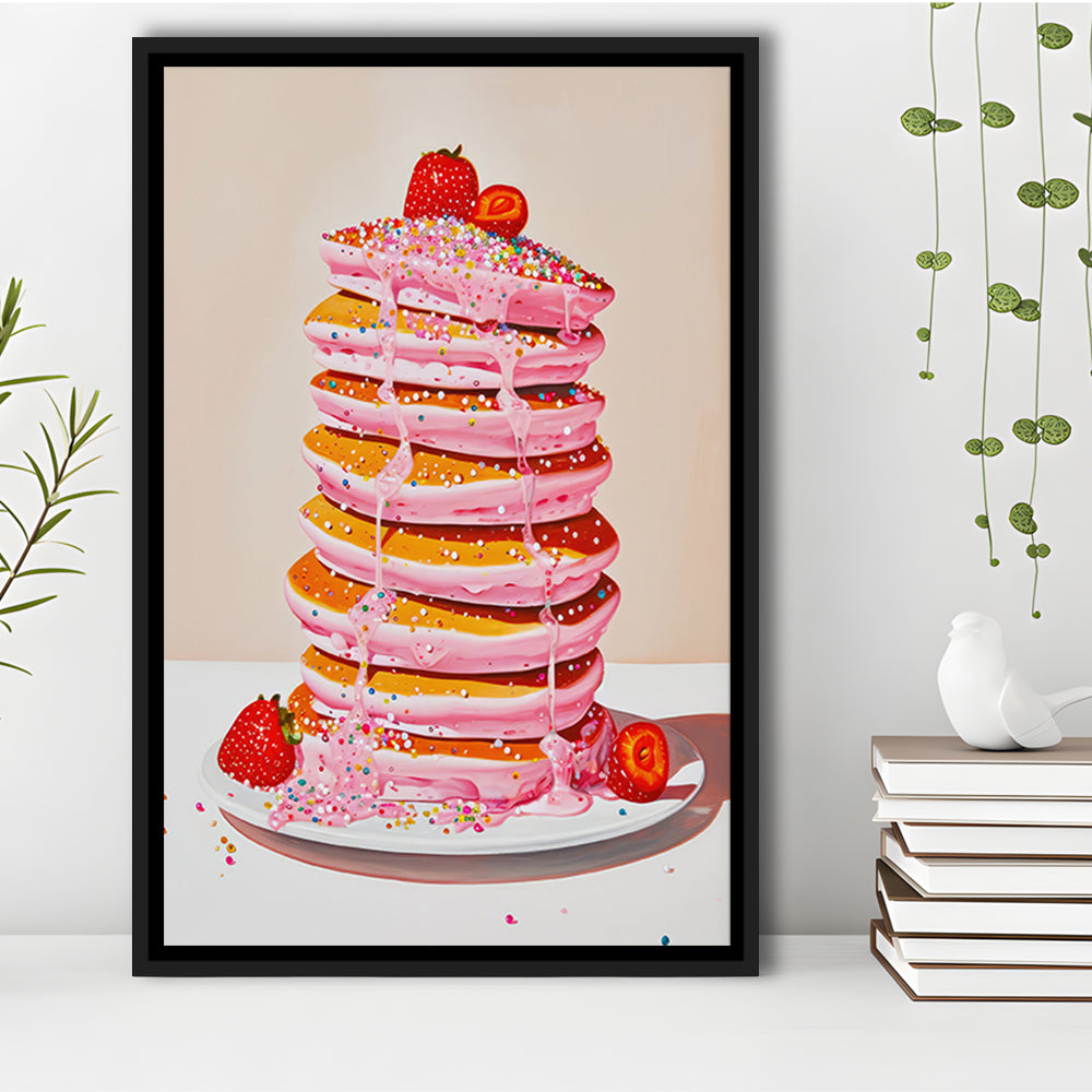 Pink Pancakes Art Print Vintage Retro Food Kitchen Art Strawberries Sprinkles , Framed Canvas Print Wall Art, Floating Frame