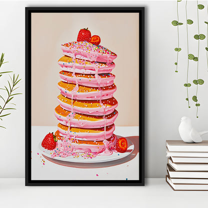 Pink Pancakes Art Print Vintage Retro Food Kitchen Art Strawberries Sprinkles , Framed Canvas Print Wall Art, Floating Frame