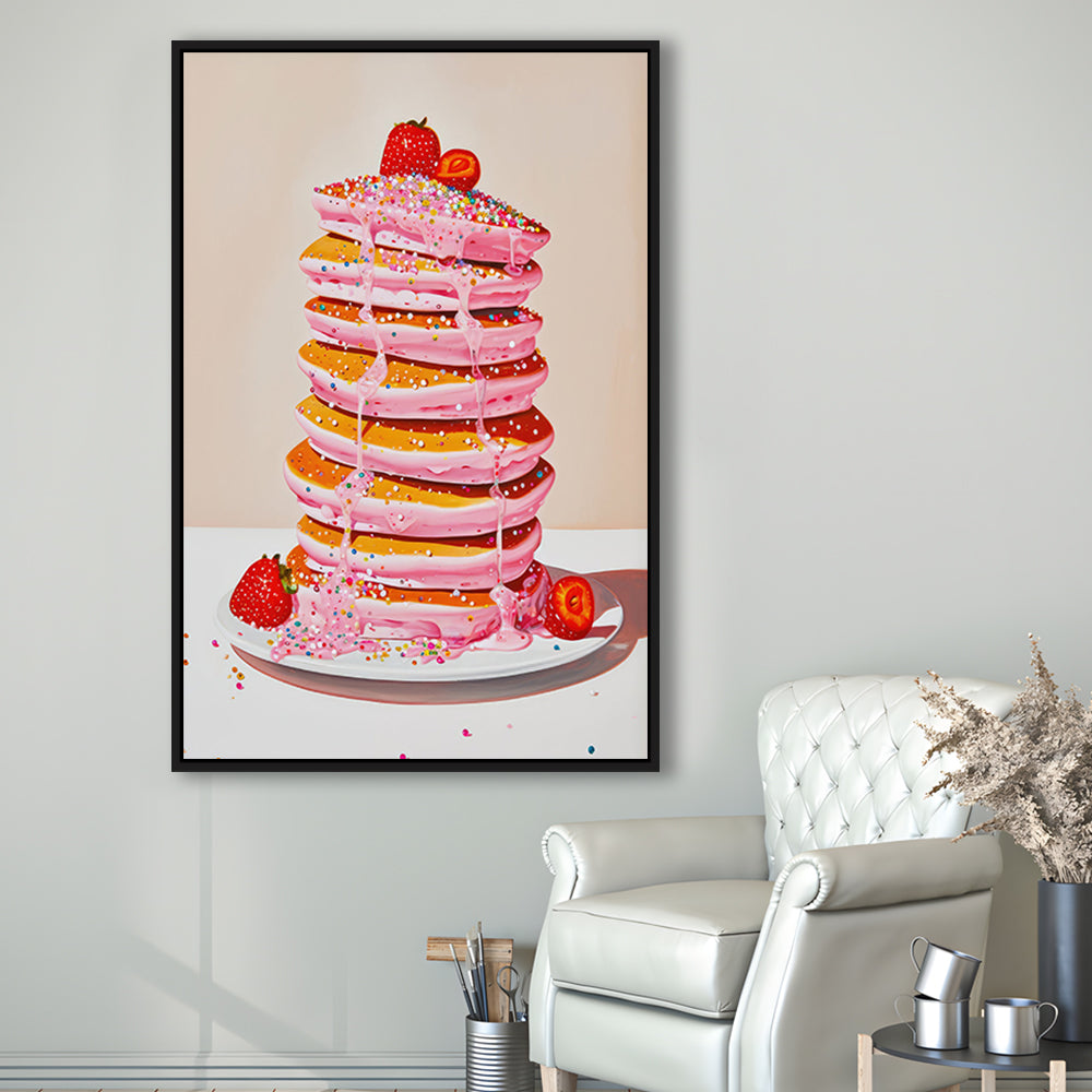 Pink Pancakes Art Print Vintage Retro Food Kitchen Art Strawberries Sprinkles , Framed Canvas Print Wall Art, Floating Frame
